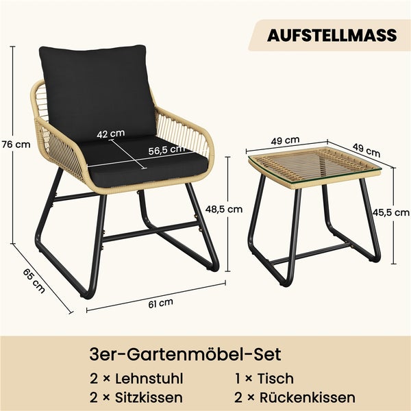 Abmessungen des 3-teiligen Gartenmöbelsets mit zwei Sesseln, zwei Sitzkissen, einem Tisch und zwei Rückenkissen
