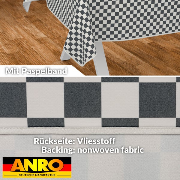 Tischdecke mit Schachbrettmuster und Paspelband sowie Rückseite aus Vliesstoff