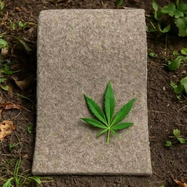Stück Hanfdämmung aus Naturfasern mit darauf liegendem Hanfblatt auf einem Gartenboden