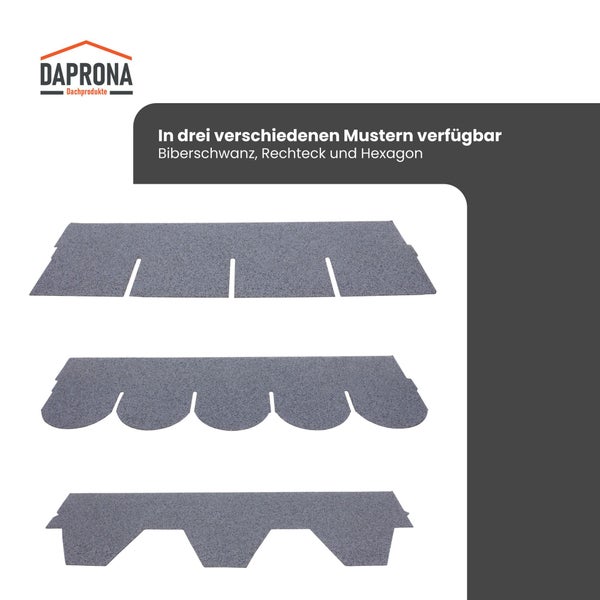 Daprona Logo, Dachschindeln in den drei Mustern Biberschwanz, Rechteck und Hexagon.