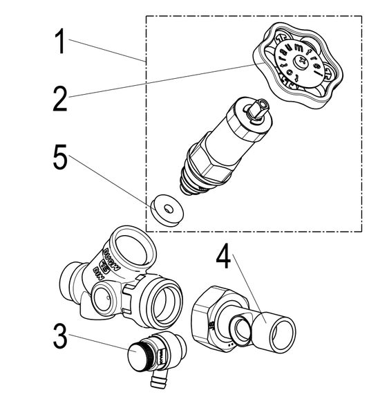 Explosionszeichnung einer Ventilarmatur mit nummerierten Ersatzteilen wie Handrad, Ventiloberteil, Dichtung und Gehäuse.