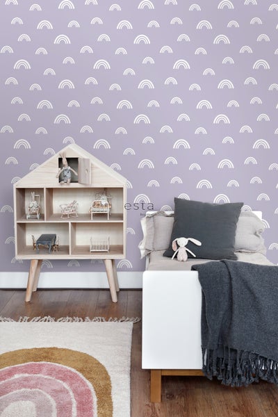 Kinderzimmer mit Regenbogen Tapete, Puppenhaus und Spielbett