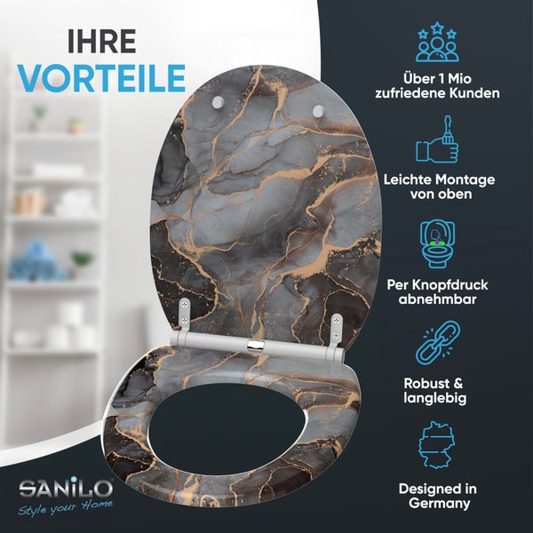 SANILO Logo. Toilettensitz mit Marmor-Optik. Highlights: einfache Montage von oben, abnehmbar per Knopfdruck, robust und langlebig, deutsches Design.