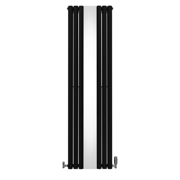Oval Röhrenheizkörper mit Spiegel & Chrom Thermostatventile - 1800mm x 500mm – Schwarz