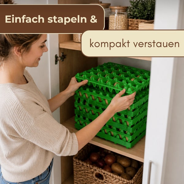 Eine Frau stapelt grüne Eierhorden aus Kunststoff platzsparend in einem Küchenschrank aus Holz.