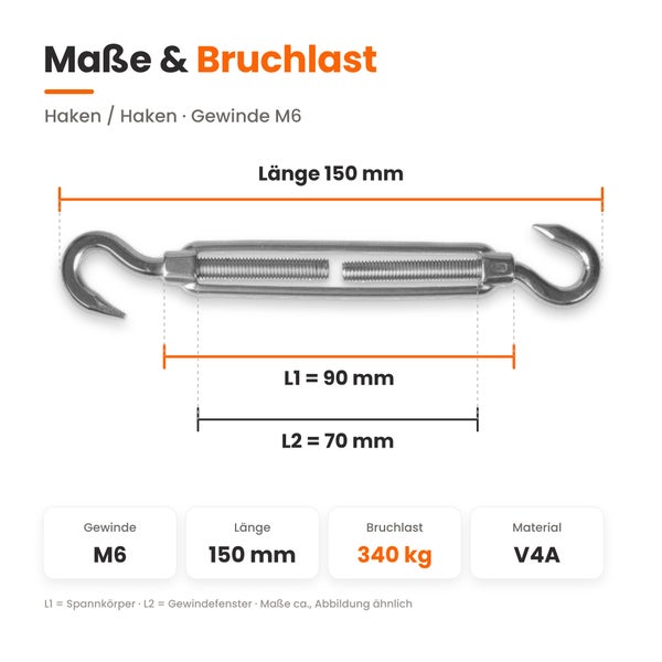 Technische Zeichnung eines Spannschlosses Haken mit Gewinde M6, Länge 150 mm, Bruchlast 340 kg aus V4A Edelstahl