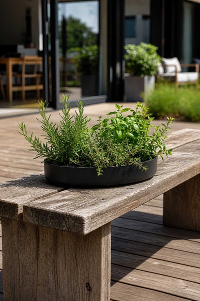 Schwarze ovale Pflanzschale mit frischen Kräutern wie Rosmarin, Basilikum und Thymian auf einer Holzbank auf einer Terrasse.