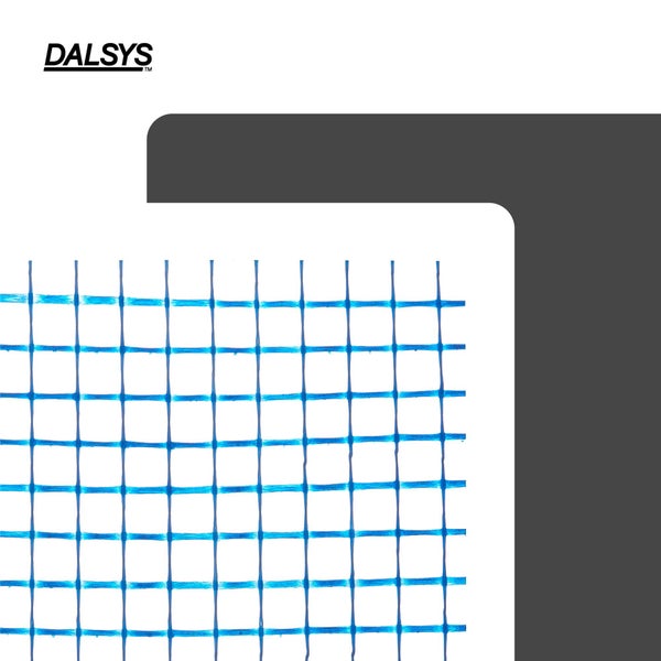 DALSYS Logo und blaues Armierungsgewebe aus Glasfaser für Putz- und Fassadenarbeiten.