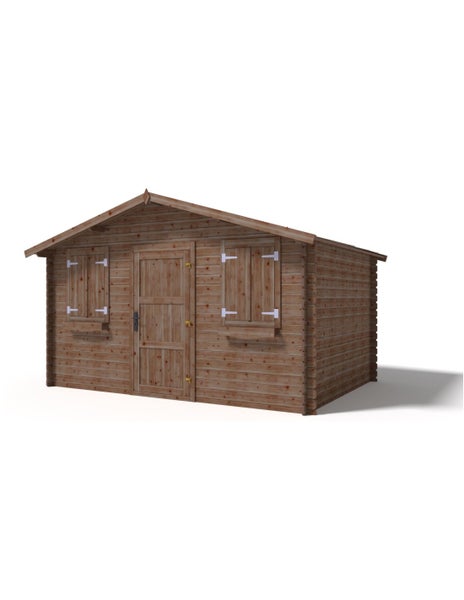 Gartenhaus aus Holz mit Satteldach, einer Tür und zwei Fenstern mit Fensterläden und Blumenkästen.