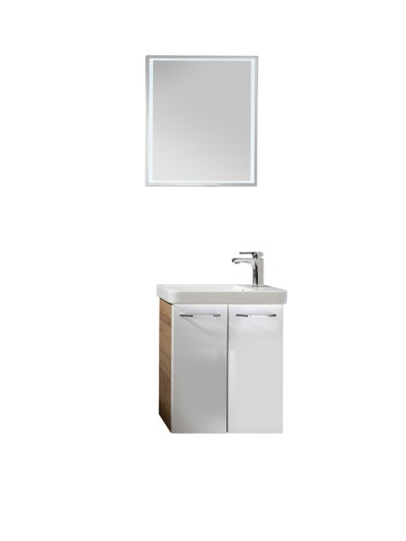 FACKELMANN MILANO Gäste WC Set 5 Teile / Waschbecken / Waschbeckenunterschrank / Waschbeckenbeleuchtung / Armatur / LED-Spiegel / Badmöbel Set / Korpus: Braun hell / Front: Weiß / Breite: 55 cm
