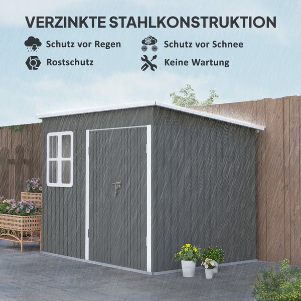 Outsunny Gerätehaus 4,13 m³, Gartenhaus, 260 x 177 x 190 cm, Geräteschuppen mit Fenster, Abschließbar Tür, Fahrradgarage, Gartenschrank aus Stahl, für Hinterhof, Garten, Dunkelgrau