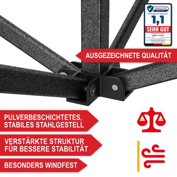 Faltpavillon mit weißem Dach, Onbest Logo auf Transporttasche mit Rollen, vier Sandsäcken, Heringen und Seilen sowie einem Qualitätssiegel.