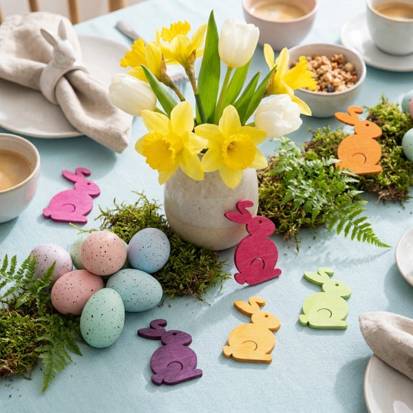 Osterdekoration mit Narzissen und Tulpen in Vase, gefleckten Ostereiern, Moos und hölzernen Osterhasen auf einem gedeckten Tisch.