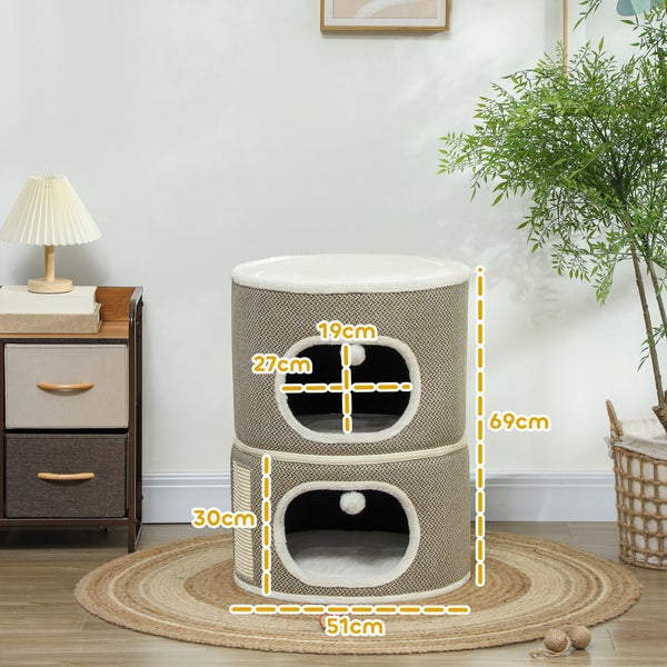 PawHut Kratztonne, 69 cm hoch Katzentonne mit 2 Höhle, Kratzbaum mit Spielbällen, Katzenturm aus Sisal, für Katze bis 6 kg, Kaffeebraun+Cremeweiß