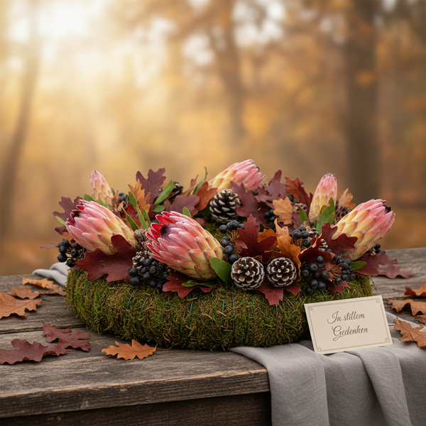 Gedenkkranz für Grabschmuck aus Moos mit Protea-Blüten, Eichenlaub, Beeren, Zapfen und Karte mit dem Text In stillem Gedenken.