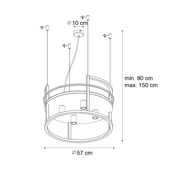 Zeichnung einer Pendelleuchte mit den Maßen Durchmesser 57 cm, Durchmesser Baldachin 10 cm, Höhe minimal 80 cm, maximal 150 cm