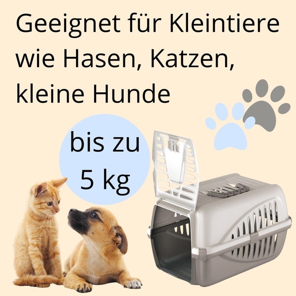 Geeignet für Kleintiere wie Hasen, Katzen und kleine Hunde bis zu 5 kg. Eine Transportbox für Kleintiere ist im Bild zu sehen.