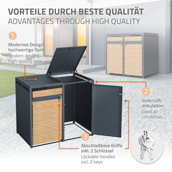 ML-Design Mülltonnenbox 3er 3 Tonnen 240L 200x80x116,3cm Anthrazit-Lärchenoptik Stahl, wetterfest/abschließbar Mülltonnenverkleidung Klappdeckel/3 Türen, Müllbox Mülltonnecontainer Mülltonnenabdeckung