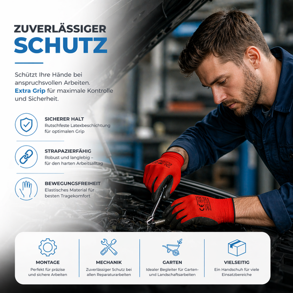 Ein Mechaniker bei der Arbeit an einem Automotor mit roten Arbeitshandschuhen, die Schutz, Griffigkeit und Bewegungsfreiheit bieten.