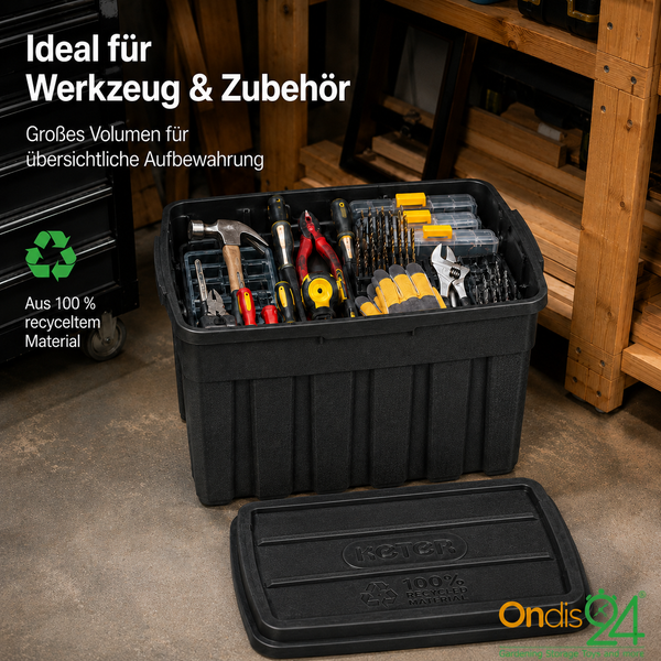 Große Keter Werkzeugbox aus recyceltem Kunststoff, gefüllt mit Werkzeug wie Hammer, Zangen und Bohrern, Keter Logo, Ondis24 Logo.