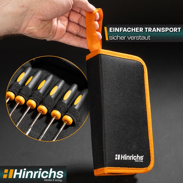 Hand hält eine schwarze Werkzeugtasche mit Trageschlaufe und Hinrichs Logo. Eine Detailansicht zeigt die darin verstauten Schraubendreher.