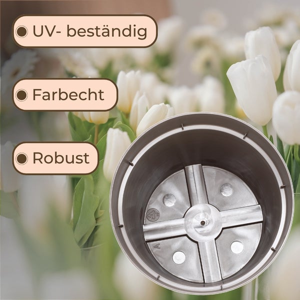 Collage zur vielseitigen Verwendung eines Smart Home Geräts in einem hellen Wohnzimmer, im Außenbereich über Pflanzen und an einer Hauswand.