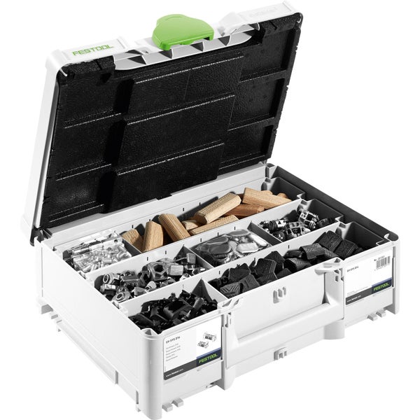 Offener Festool Systainer SV-SYS D14 mit DOMINO Verbindern, Holzdübeln und Zubehör in verschiedenen Fächern.