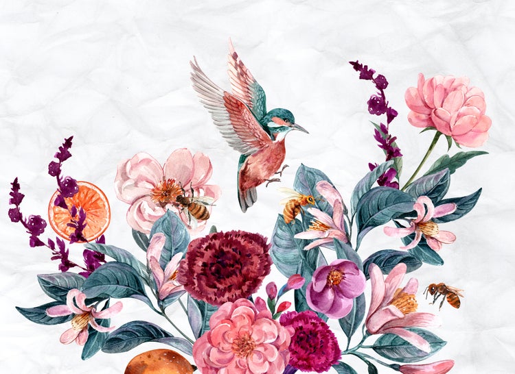 Aquarell-Illustration mit Blumen, Bienen, einem Eisvogel und einer Orangenscheibe.