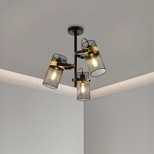 Home Deluxe - Deckenleuchte LAMBA - Schwarz / Gold, Blendfreies Licht, 54,5 x 48 cm, Metall / Rattan I Pendelleuchte Deckenlampe Pendellampen