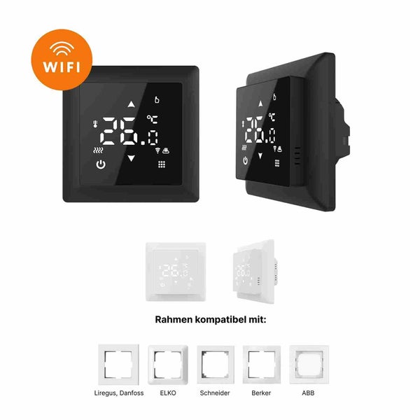 Schwarzer und weißer Raumthermostat mit WLAN Funktion und kompatiblen Rahmen verschiedener Hersteller