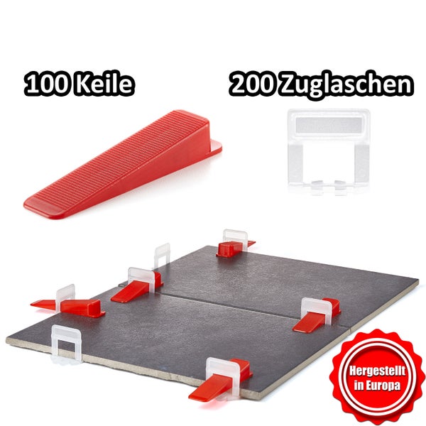 Fliesen Nivelliersystem mit rotem Keil und Hand