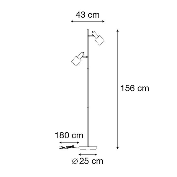 Maße der Stehlampe: 156 cm hoch, 43 cm breit, Kabellänge 180 cm, Lampenfuß Durchmesser 25 cm
