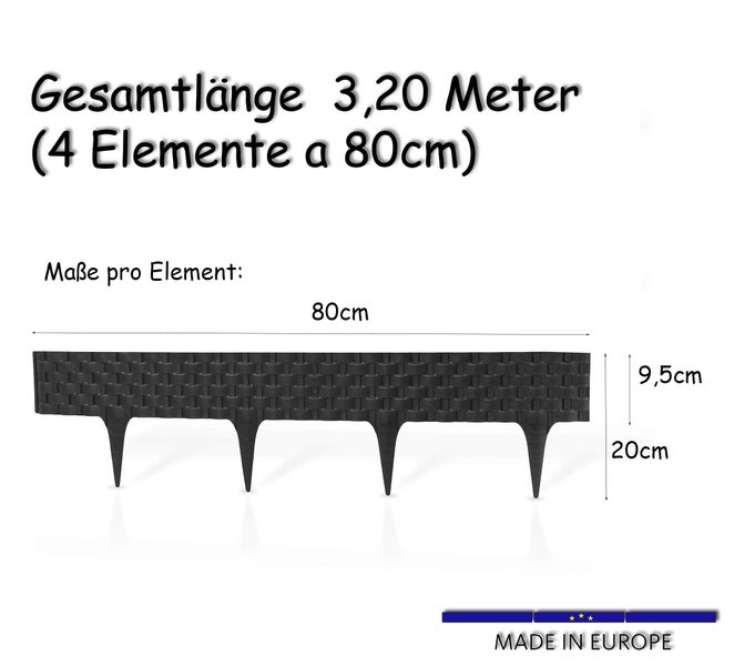 Abmessungen eines Zaunelements: 80 Zentimeter breit, 9,5 Zentimeter hoch, Pfosten 20 Zentimeter lang