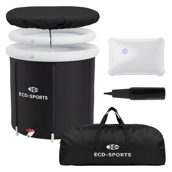 Tragbare Eisbadewanne mit ECD-SPORTS Logo inklusive Abdeckung, Kissen, Luftpumpe und Transporttasche für die Kältetherapie.