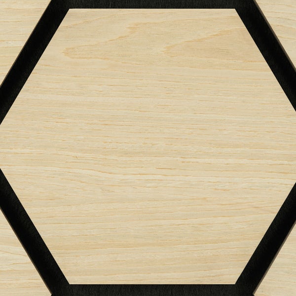 Sechseckiges Wandpaneel aus hellem Holz mit schwarzer Umrandung im Waben-Design.