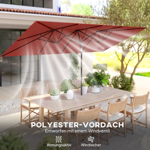 Rechteckiger Gartenschirm aus Polyester mit Windventil über einem Esstisch auf einer Terrasse. Atmungsaktiv und windsicher.