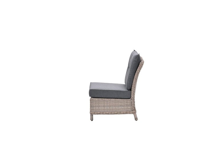 Lounge-Mittelelement aus Polyrattan mit Sitz- und Rückenkissen, Seitenansicht.