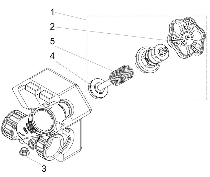 Explosionszeichnung eines Ventils mit nummerierten Einzelteilen wie Handrad, Feder und Ventilgehäuse.