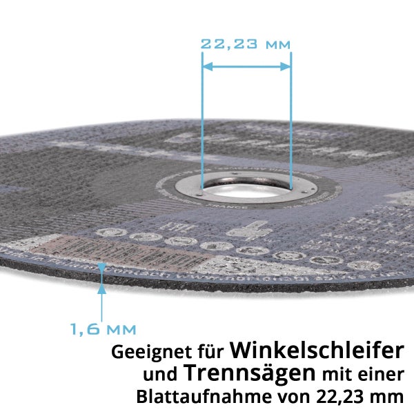 Trennscheibe für Winkelschleifer und Trennsägen mit einer Dicke von 1,6 Millimeter und einer Bohrung von 22,23 Millimeter.