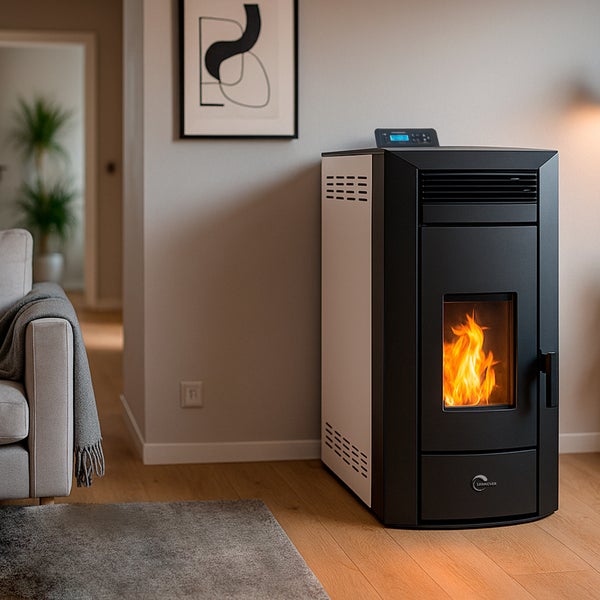 Moderner Pelletofen von Sannover mit brennendem Feuer in einem hellen Wohnzimmer mit Parkettboden und grauem Sofa.