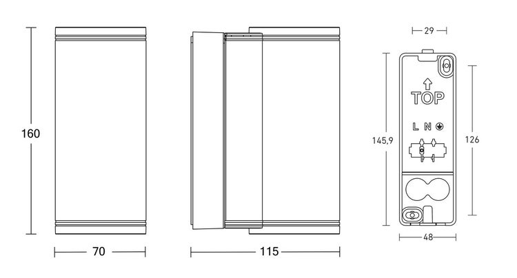 Technische Zeichnung einer Wandleuchte mit Maßangaben