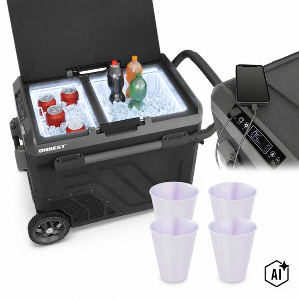 Tragbare Onbest Kompressor Kühlbox mit Rollen und zwei Kühlfächern inklusive vier Bechern und digitalem Display mit Ladefunktion für Smartphones.