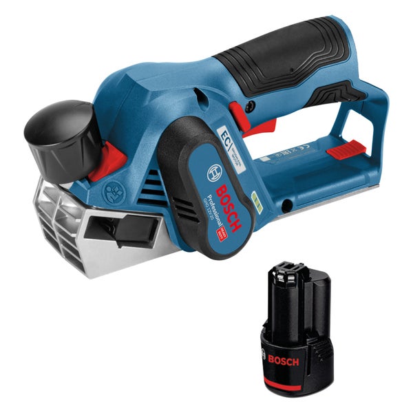 Bosch Professional Akku-Hobel GHO 12 Volt mit Akku, bürstenloser Motor, handliches Gerät zur Holzbearbeitung.