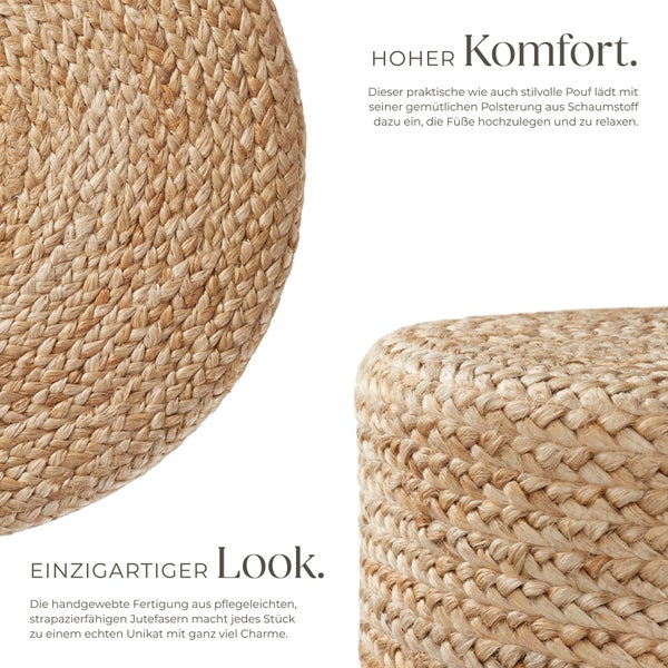 Handgefertigter Pouf tectake Banno Elipse 58 x 22 cm, Belastbarkeit 150 kg Boho-Stil beige