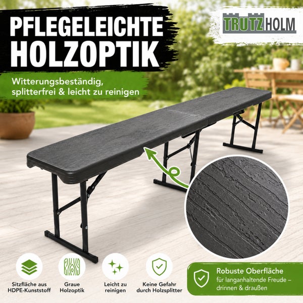 Klappbare Gartenbank von Trutzholm mit witterungsbeständiger Sitzfläche in Holzoptik und stabilem Gestell für den Innen- und Außenbereich