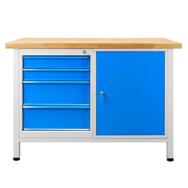 PROREGAL Werkbank Rhino mit 4 Schubladen 1 Tür HxBxT 84 x 120 x 60 cm Traglast 300 kg Lichtgrau Blau