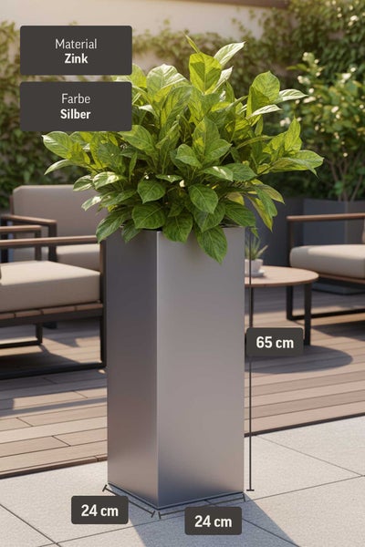 Hoher, quadratischer Pflanzkübel aus Zink in Silber mit einer Pflanze, Maße 65 mal 24 mal 24 Zentimeter, auf einer modern organisierten Terrasse.