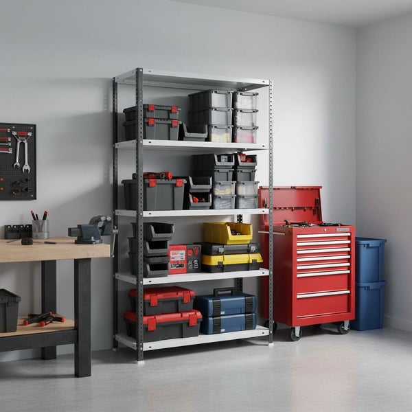 Organisierte, helle Werkstatt mit Metallregal voller Boxen, Werkbank aus Holz und Metall mit Schraubstock und rotem Rollwagen für Werkzeuge.