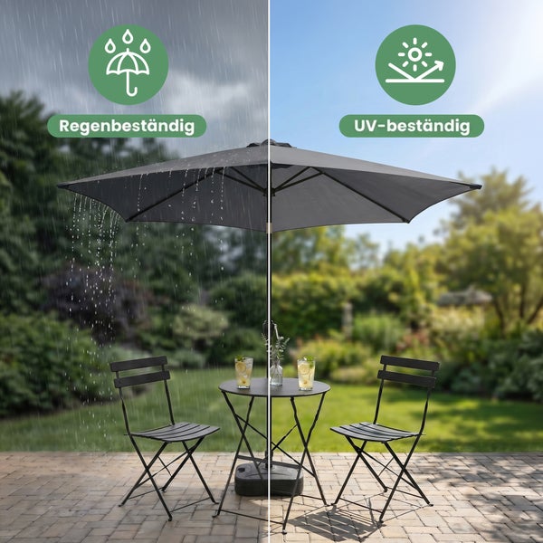 Sonnenschirm im Garten bei Regen und Sonnenschein, regenbeständig und UV-beständig, mit Tisch und Stühlen auf einer Terrasse.
