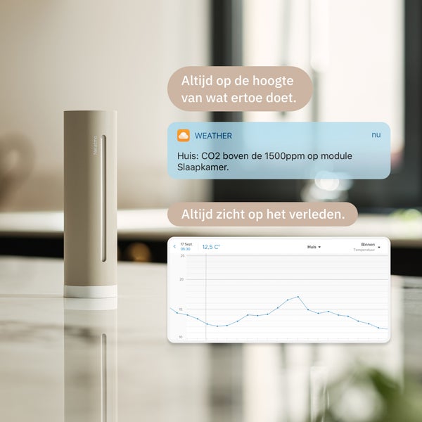 Netatmo Wetterstation Innenmodul zur Messung von Temperatur und Luftqualität mit Smartphone Benachrichtigung und Datenverlauf.